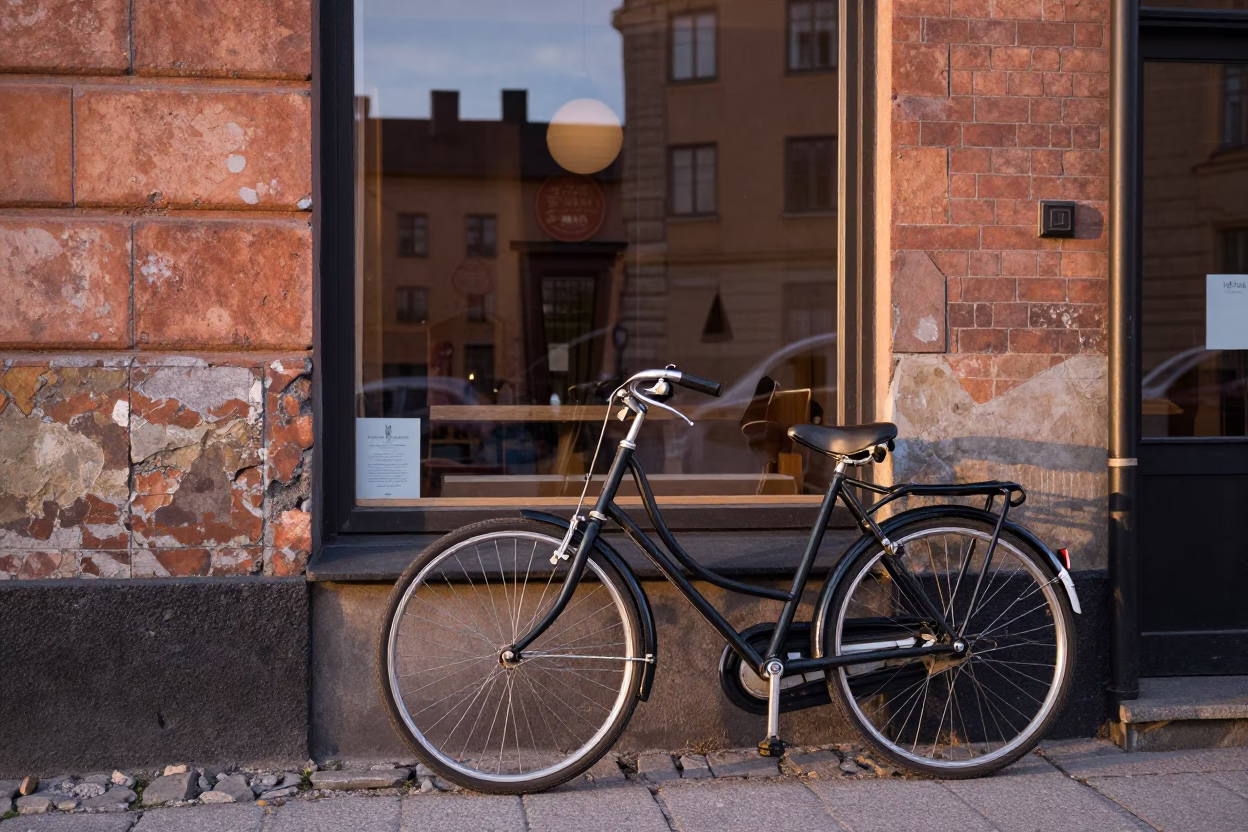 Vintage Bicycle Parked Outside Stockholm Bakery Early Morning with Fruit Display in in Stockholm, Sweden