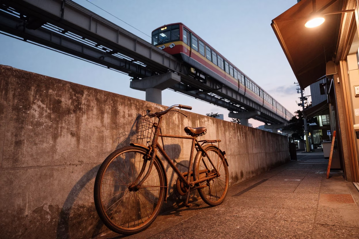 Vintage Bicycle Parked Outside Tokyo Shop Under Copper Monorail Light Before Dusk in in Tokyo, Japan