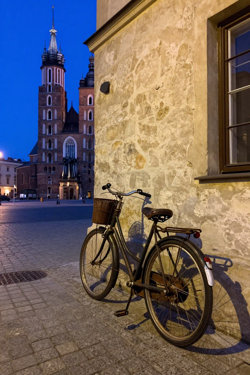 Vintage Bicycle Parked Outside Traditional Bakery in Krakow Evening Blue Light in in Krakow, Poland