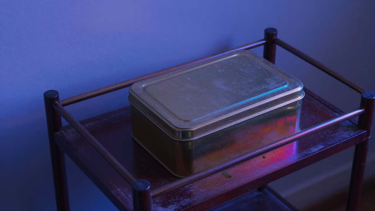 Vintage Biscuit Tin on Library Table Twilight in on a dusty library table near Urca, Rio de Janeiro