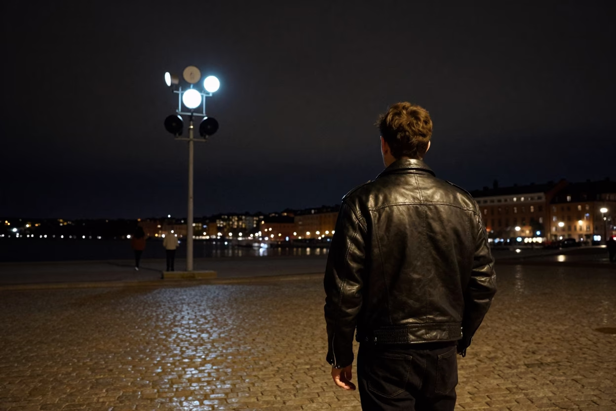 Vintage Black Leather Jacket and Signal Gantry Under Stockholm Night Sky in in Stockholm, Sweden