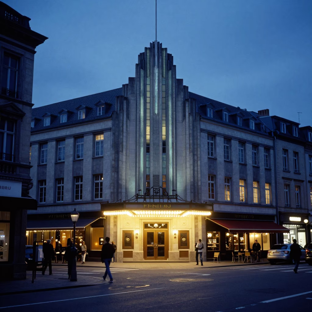Vintage Blue Hour Brussels Street Scene with Art Deco Cinema Facade and Pedestrians in in Brussels, Belgium