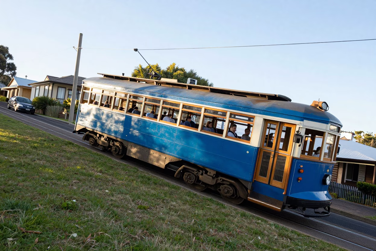 Vintage Blue Tram Climbing Steep Sydney Hill Early Afternoon Sunlight in in Sydney, New South Wales, Australia
