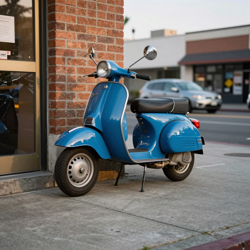 Vintage Blue Vespa Parked on Los Angeles Sidewalk Reflecting in Shop Window Late Afternoon in in Los Angeles, California, United States