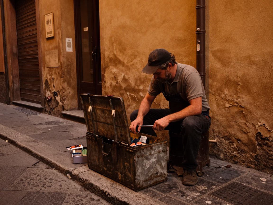 Vintage Bologna Evening Street Scene with Toolboxes and Paint Flecks on Drawer Pull in in Bologna, Italy