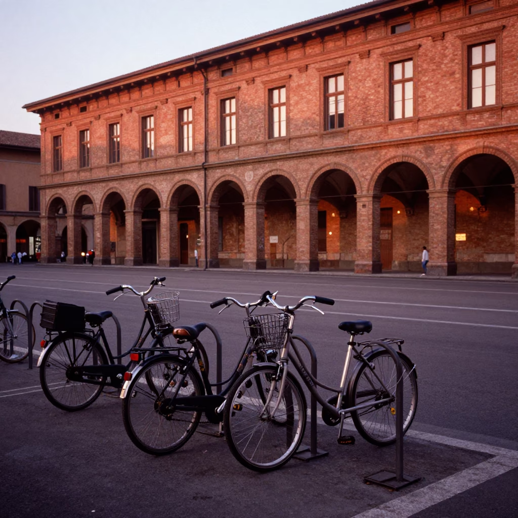 Vintage Bologna Street Scene Before Dusk With Campus Bicycle Rack And Copper Light in in Bologna, Italy