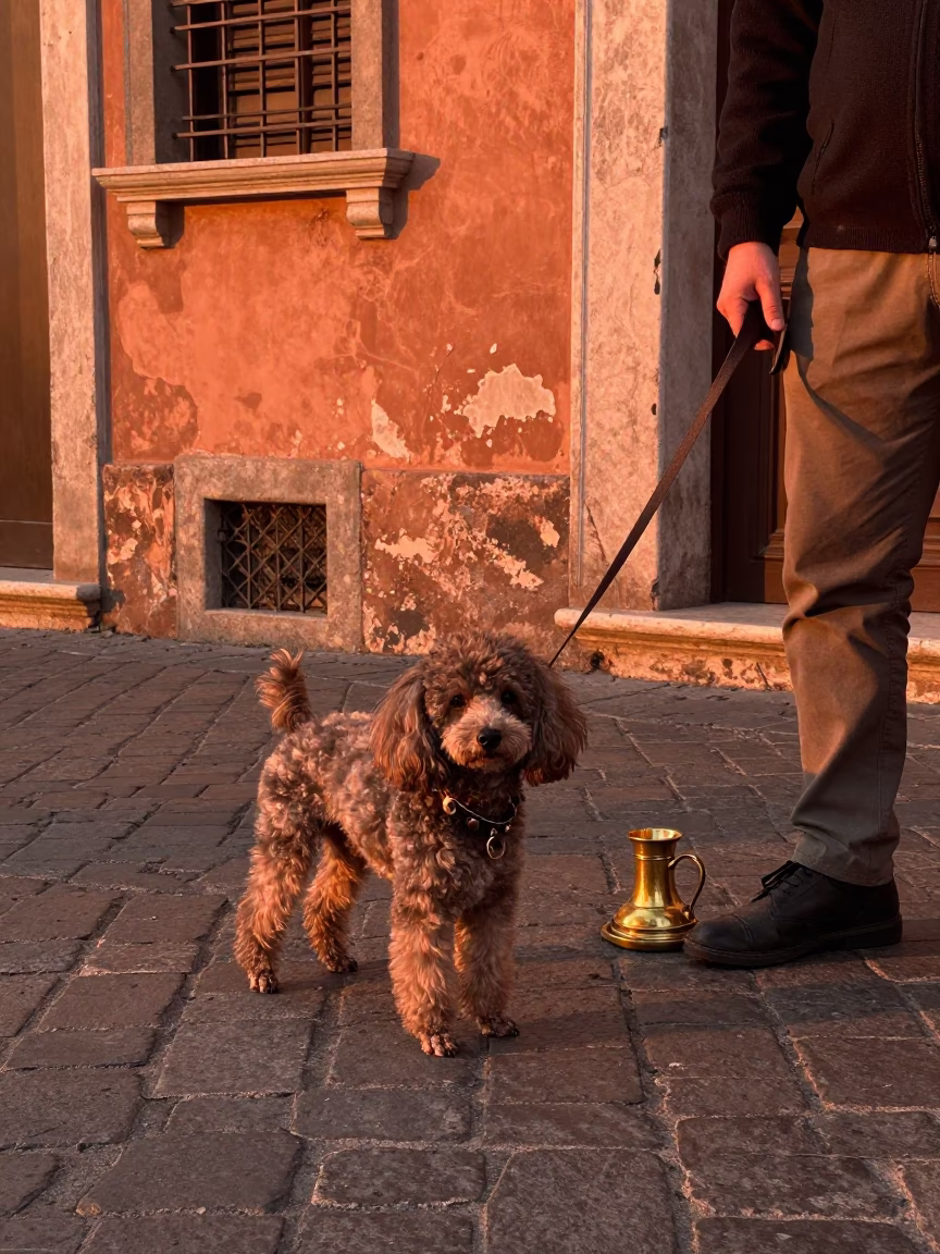 Vintage Bologna Street Scene with Toy Poodle and Brass Escutcheon in Copper Toned Light in in Bologna, Italy