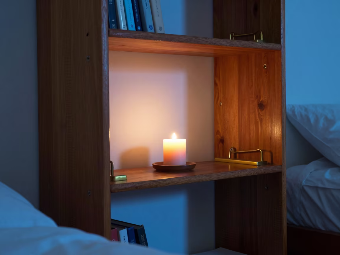 Vintage Bookshelf with Brass Bookends in Culiacan Bedroom in in a candlelit bedroom in Culiacán