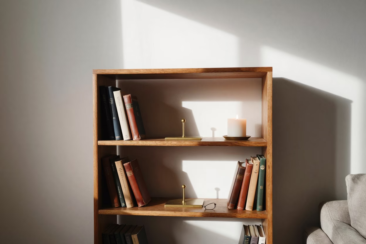 Vintage Bookshelf Candlelight Dupont Circle Living Room in in a sunlit living room in Dupont Circle, Washington DC