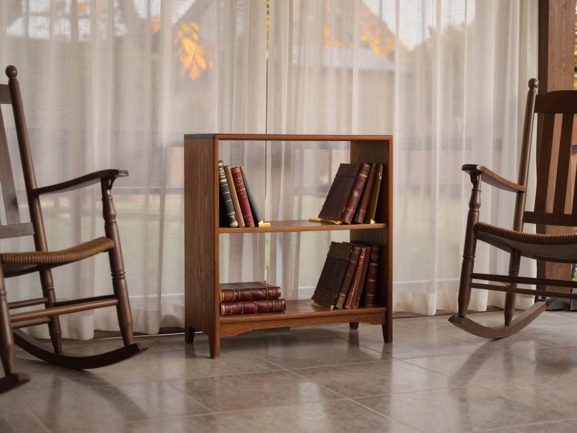 Vintage Bookshelf Candlelight Porch Giza in on a porch with a rocking chair in Giza