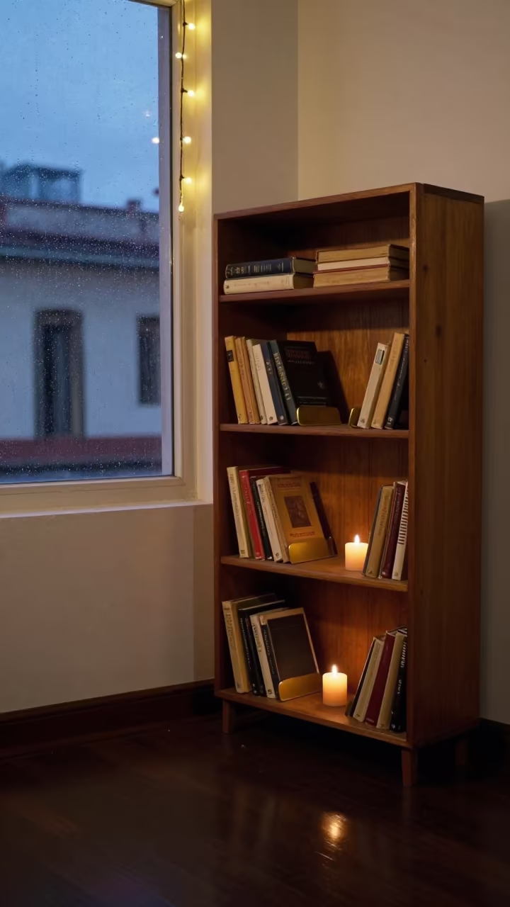 Vintage Bookshelf Candlelight Rain Window Santiago in beside a rain-streaked window in Santiago de Cuba