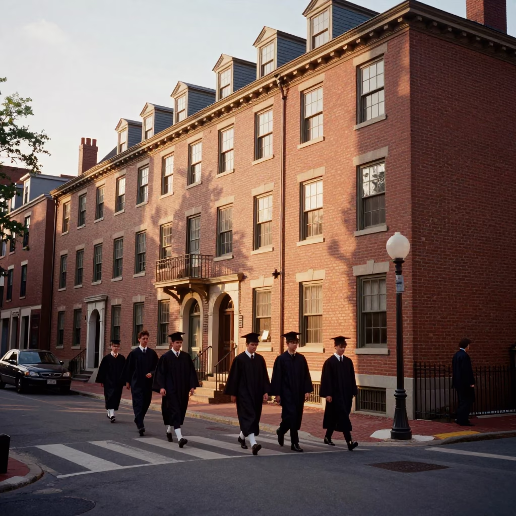 Vintage Boston Evening Street Scene with Kettle and Graduation Gowns in in Boston, Massachusetts, United States