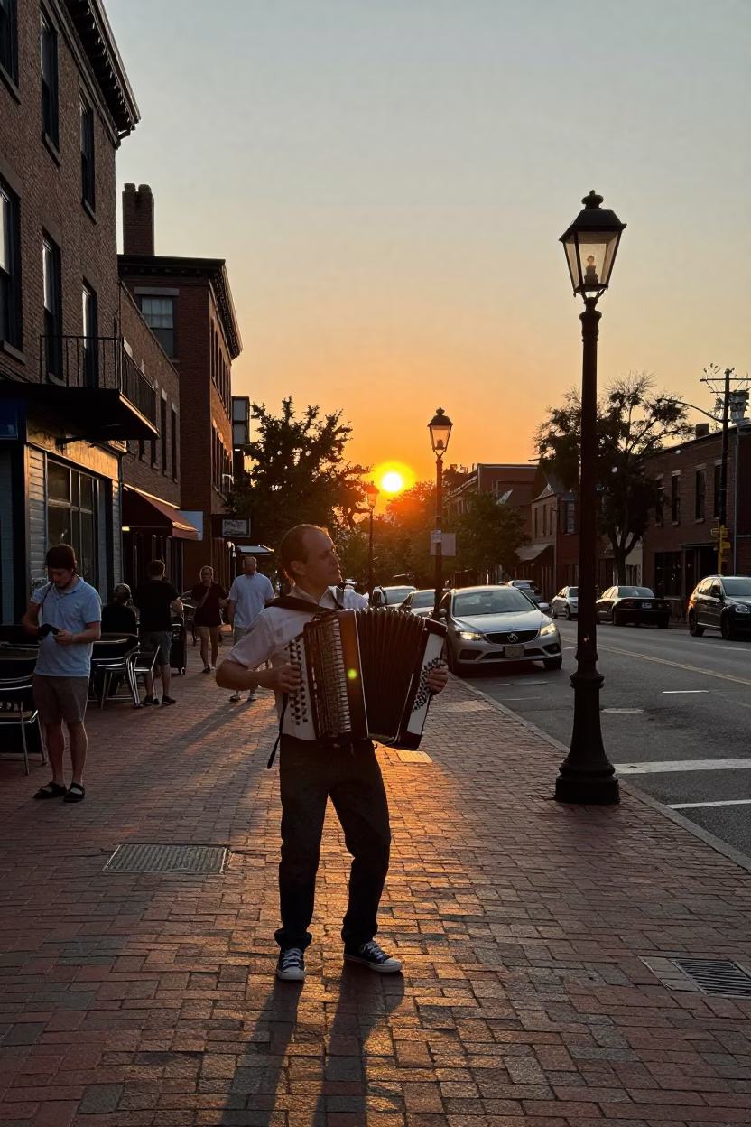 Vintage Boston Street Scene at Sunset with Accordion Player and Lavender Basket in in Boston, Massachusetts, United States