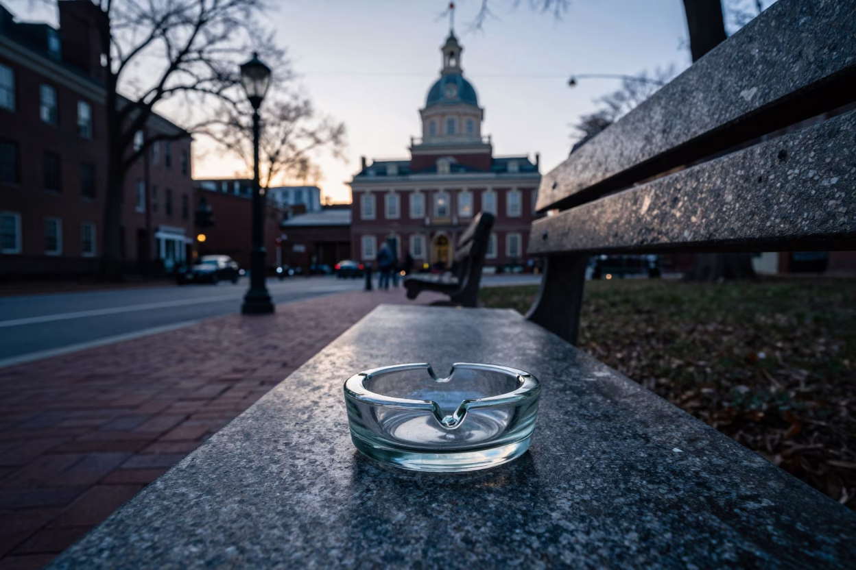 Vintage Boston Street Scene Before Dawn with Ashtray and Biscuit Tin on Stone Bench in in Boston, Massachusetts, United States