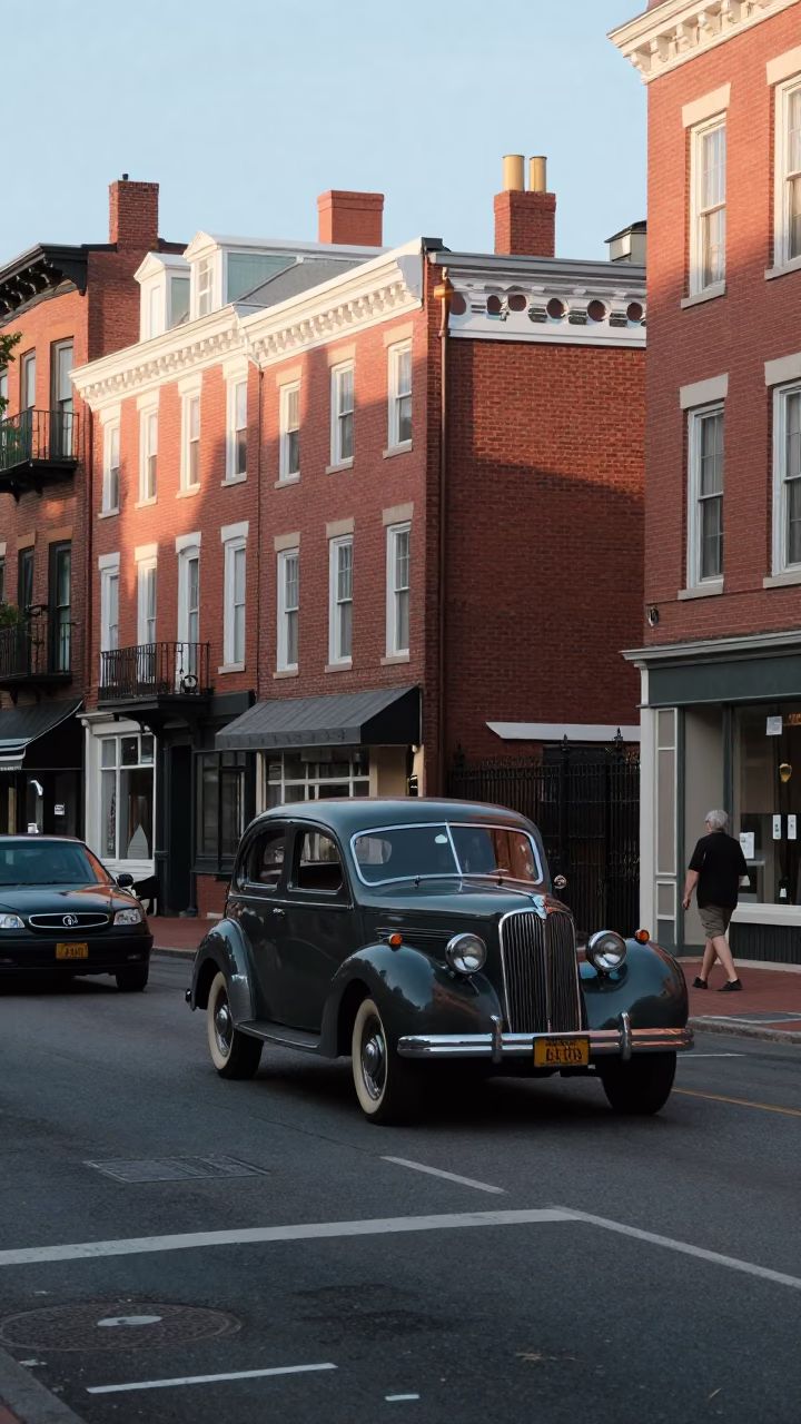 Vintage Boston Street Scene Early Afternoon with Classic Cars and Brick Buildings in in Boston, Massachusetts, United States