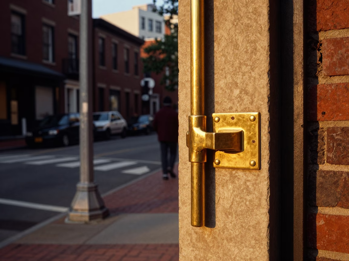 Vintage Boston Street Scene Honeyed Evening Light with Brass Latch Detail and Urban Architecture in in Boston, Massachusetts, United States