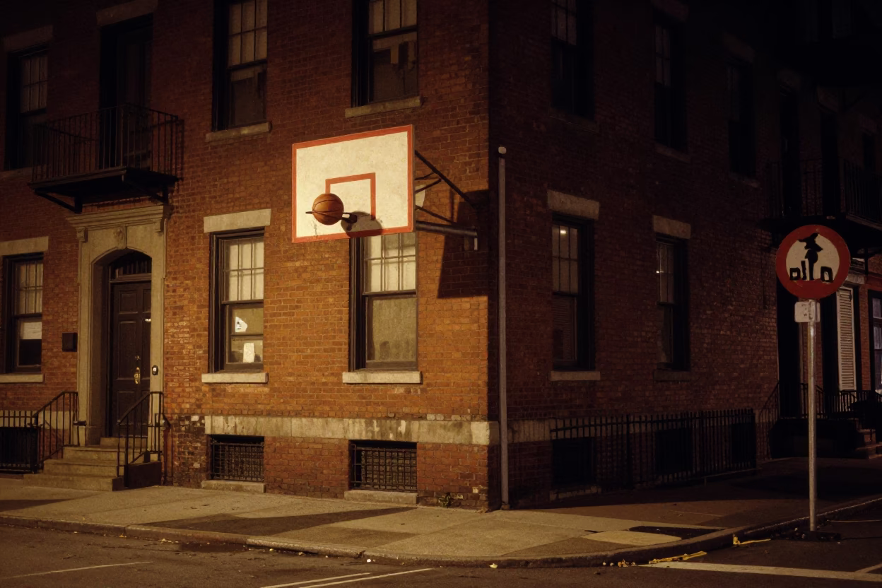 Vintage Boston Street Scene Late Night with Leather Basketball and Urban Shadows in in Boston, Massachusetts, United States