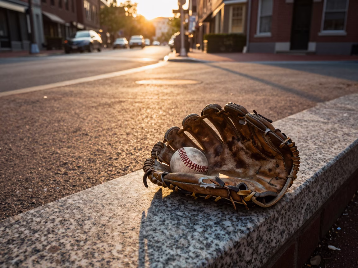 Vintage Boston Sunset Street Scene with Worn Baseball Glove on Ledge in in Boston, Massachusetts, United States