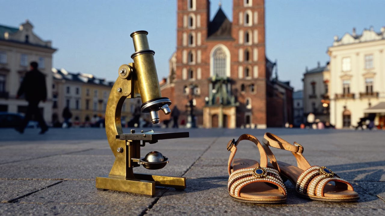 Vintage Brass Microscope and Beaded Sandals in Krakow Poland Late Afternoon Light in in Krakow, Poland