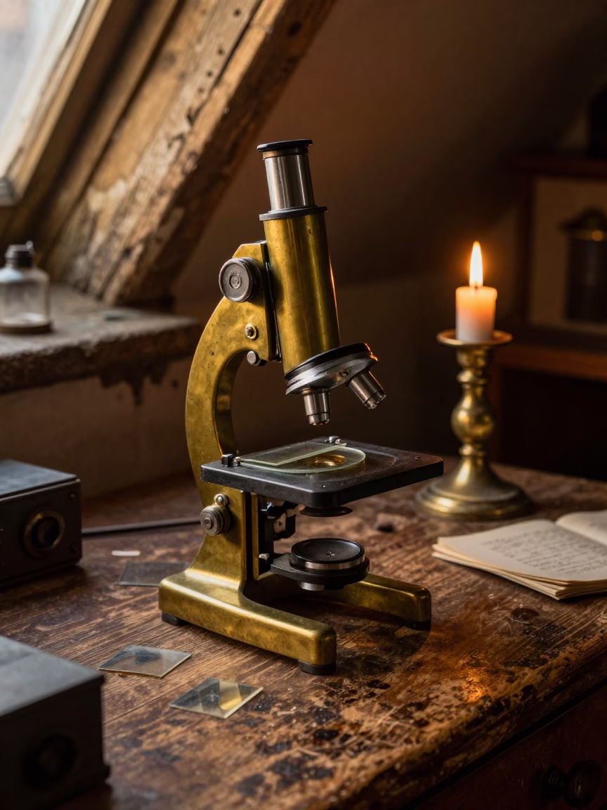 Vintage Brass Microscope and Candlestick in Bristol Evening Light in in Bristol, United Kingdom