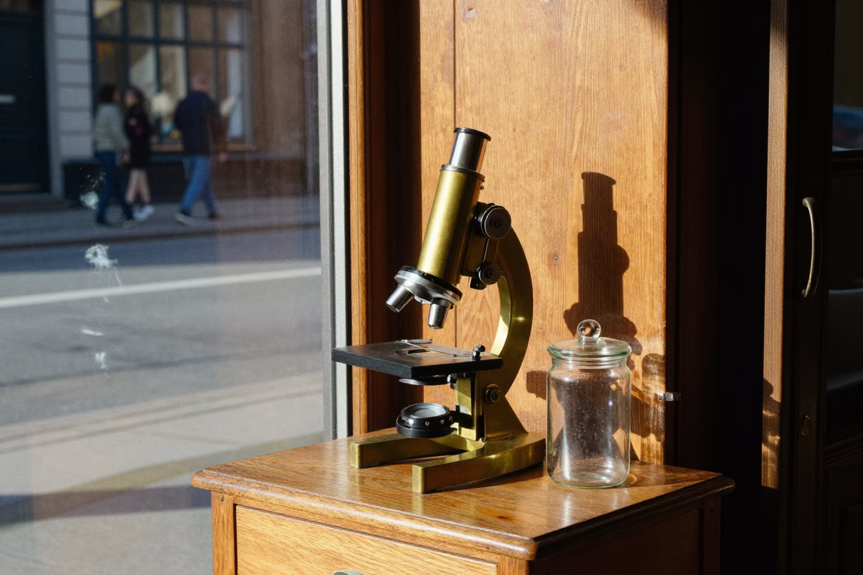 Vintage Brass Microscope and Glass Jar on Wooden Cabinet in Copenhagen Late Afternoon Sunlight in in Copenhagen, Denmark
