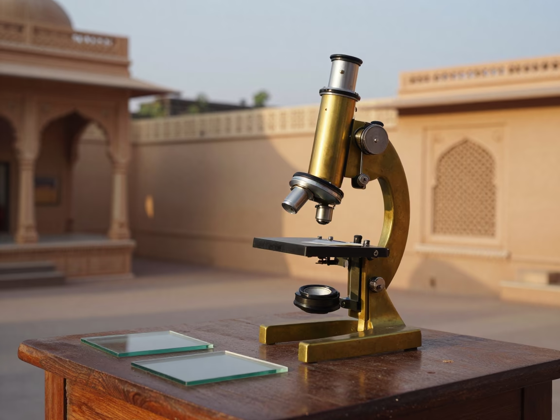 Vintage Brass Microscope and Glass Slides Resting on Wooden Crate in Jaipur Evening Light in in Jaipur, India