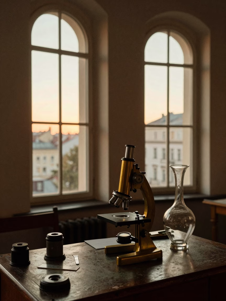 Vintage Brass Microscope and Glass Vase in Historic Krakow Sunset Light in in Krakow, Poland