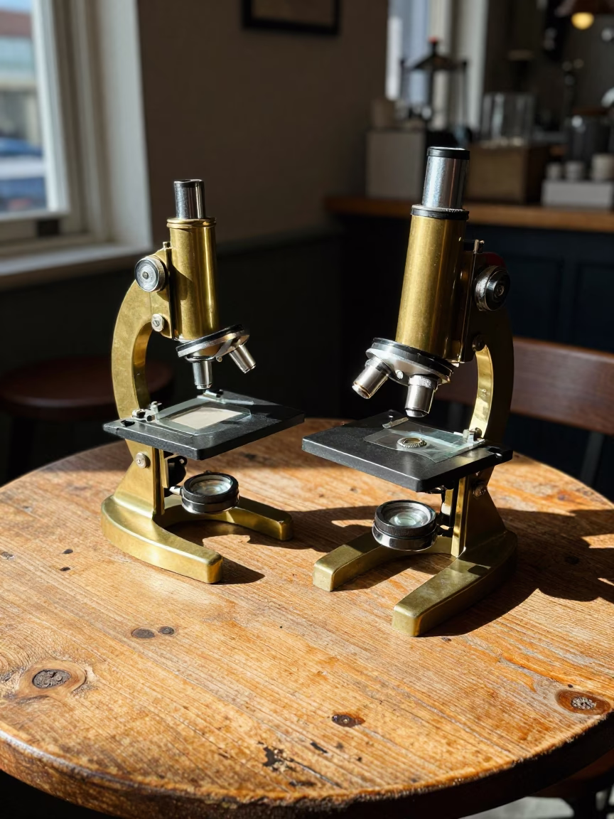 Vintage Brass Microscope and Glassware on Wooden Table in Vancouver British Columbia Late Morning in in Vancouver, British Columbia, Canada