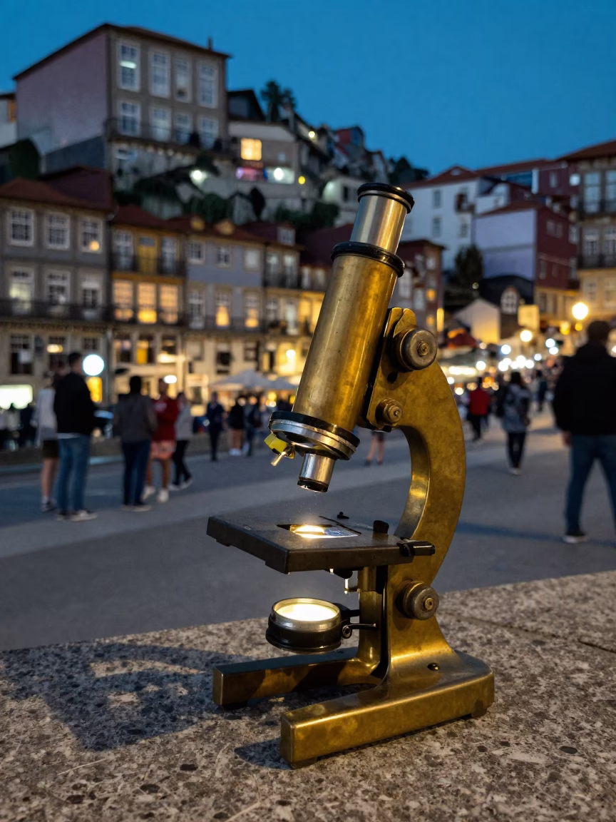 Vintage Brass Microscope and Skateboard in Porto Portugal City Lights Glow in in Porto, Portugal