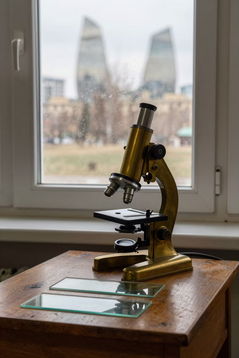 Vintage Brass Microscope in Baku Observatory in inside an observatory control room in Baku