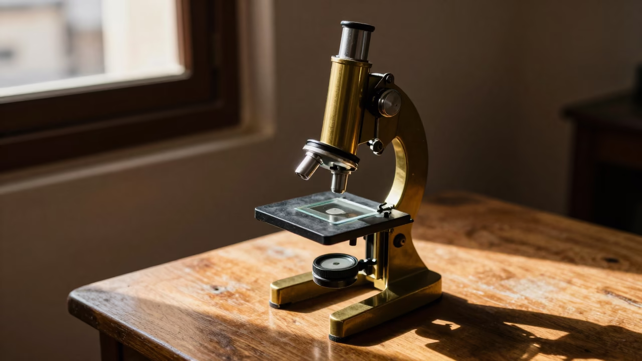 Vintage Brass Microscope on Wooden Table in Casablanca Late Morning in in Casablanca, Morocco