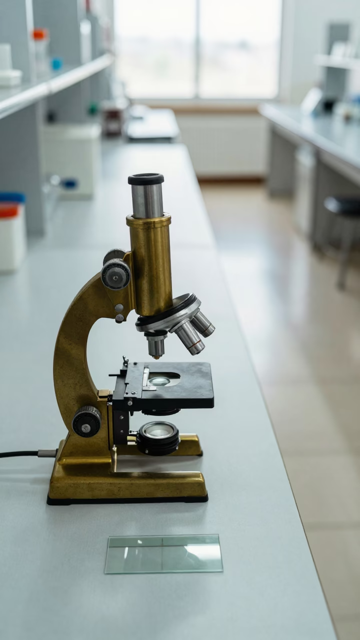 Vintage Brass Microscope in Tarija Lab in in a bright laboratory in Tarija
