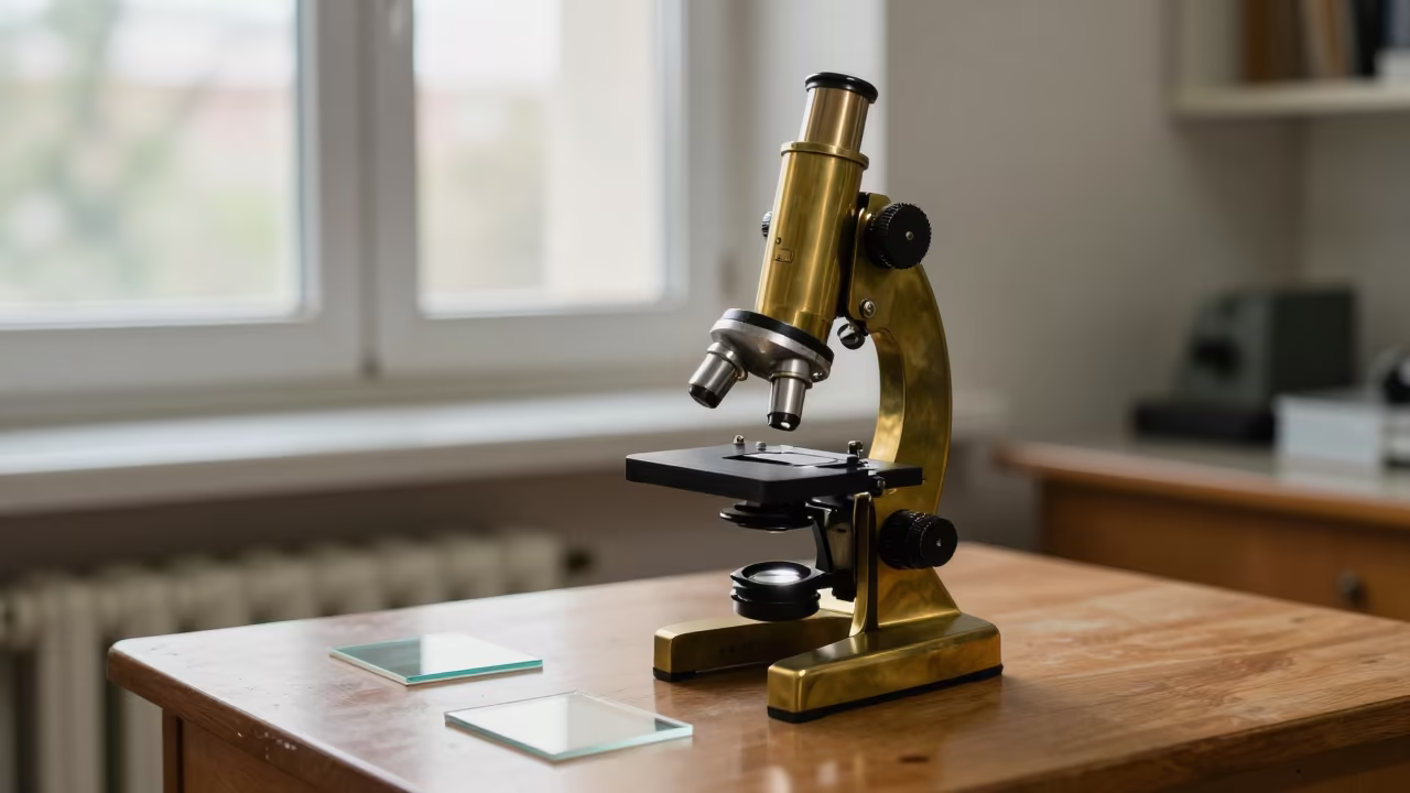 Vintage Brass Microscope in Yerevan Lab in inside a university research lab near Yerevan