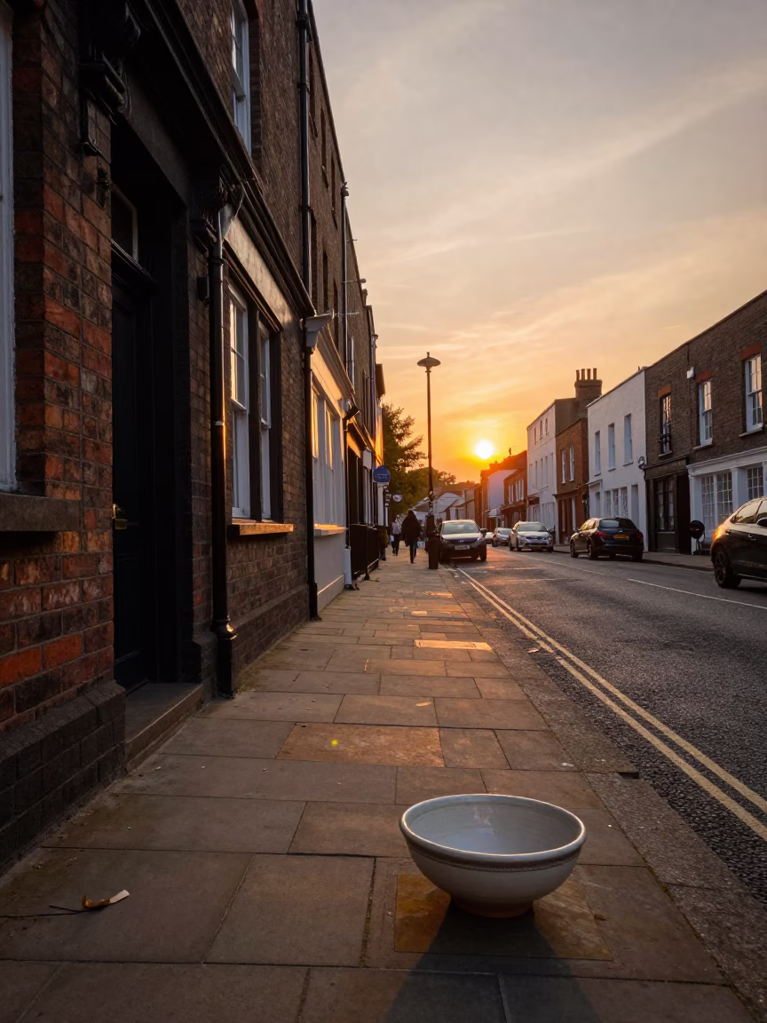 Vintage Bristol Street Scene at Sunset with Ceramic Bowl and Recipe Tin in in Bristol, United Kingdom