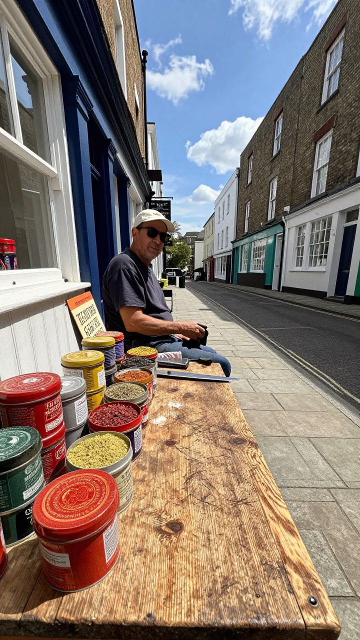 Vintage Bristol Street Scene Midday with Spice Tins and Worn Wood Details in in Bristol, United Kingdom