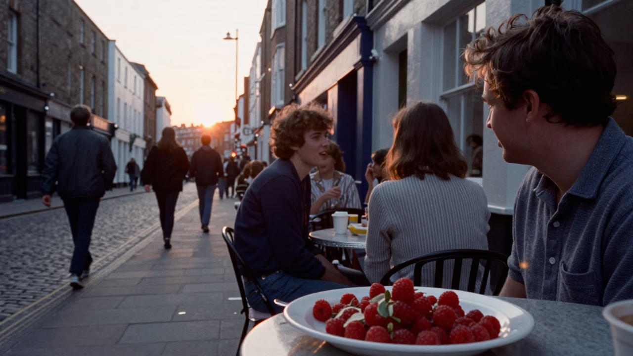 Vintage Bristol Street Scene with Kebab Plate and Raspberries at Sunset in in Bristol, United Kingdom