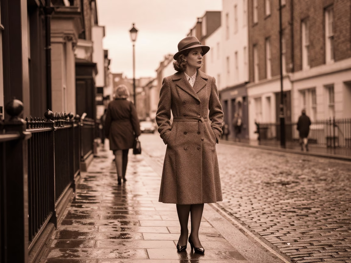 Vintage Bristol Street Scene with Woman in 1950s Fashion Holding Salt Spoon in in Bristol, United Kingdom