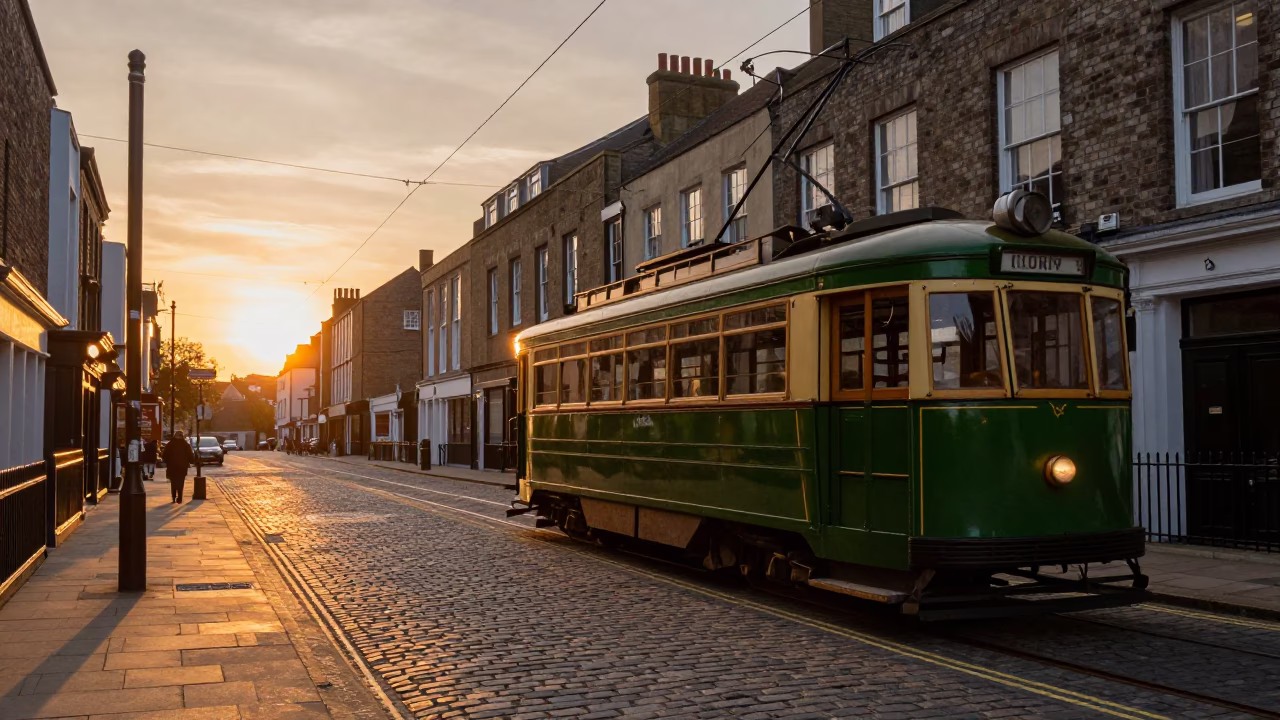 Vintage Bristol Sunset Street Scene with Heritage Tram and Cobblestone Avenue in in Bristol, United Kingdom