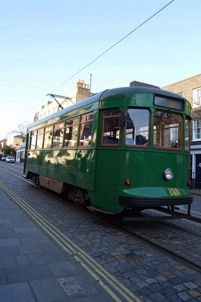 Vintage Bristol Tram Climbing Steep Hill in Clear Late Afternoon Light in in Bristol, United Kingdom