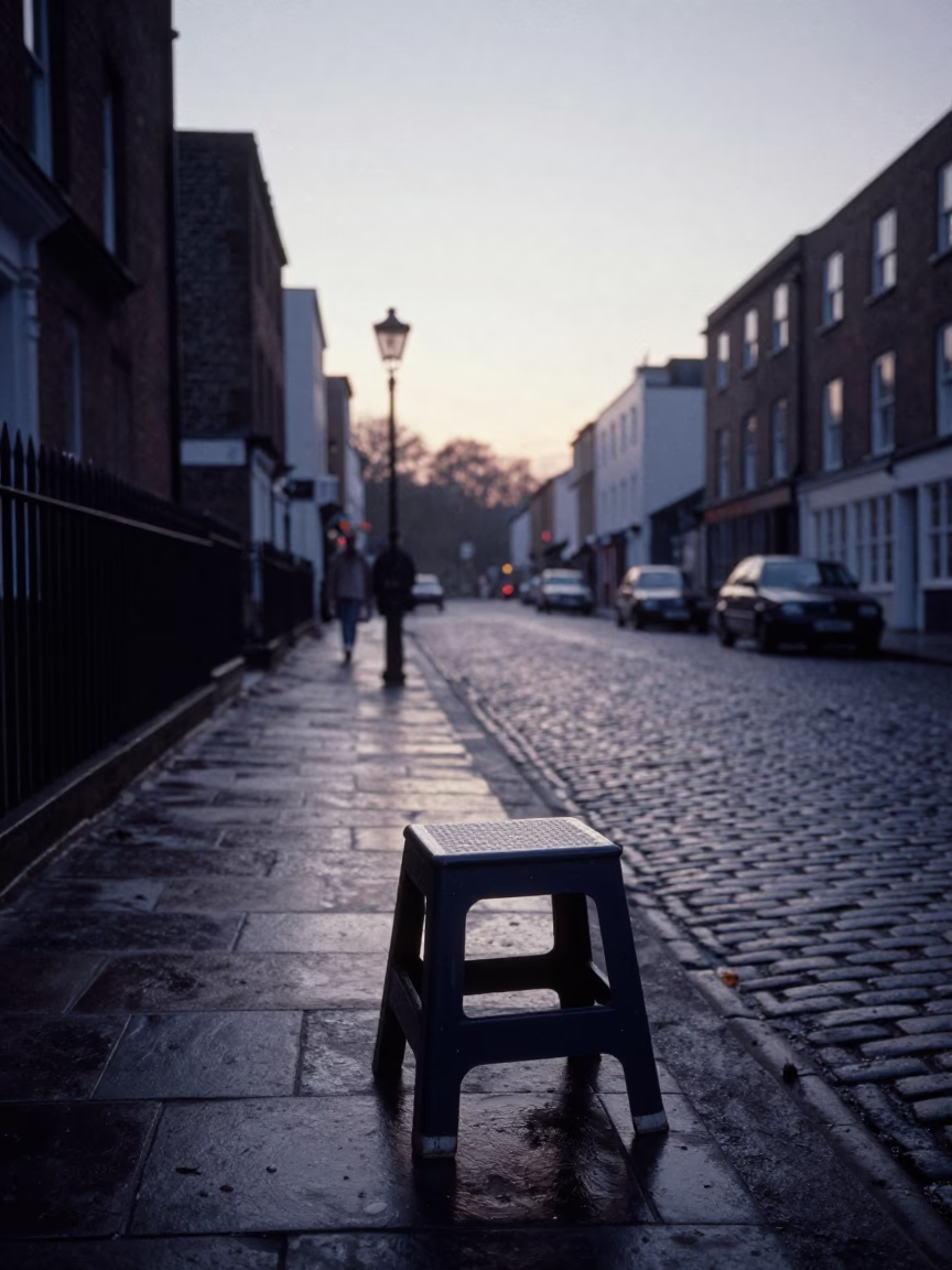 Vintage Bristol UK Pre-Dawn Street Scene with Step Stool and Tongs in in Bristol, United Kingdom