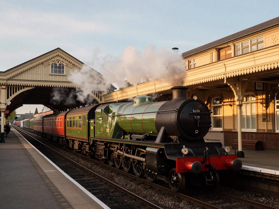 Vintage British Rail Steam Train Arriving at Bristol Temple Meads During Golden Hour Evening in in Bristol, United Kingdom