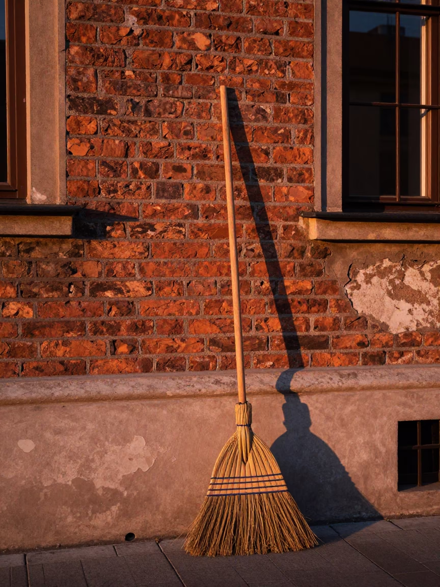 Vintage Broom in Krakow at Copper-toned Light Before Dusk in in Krakow, Poland