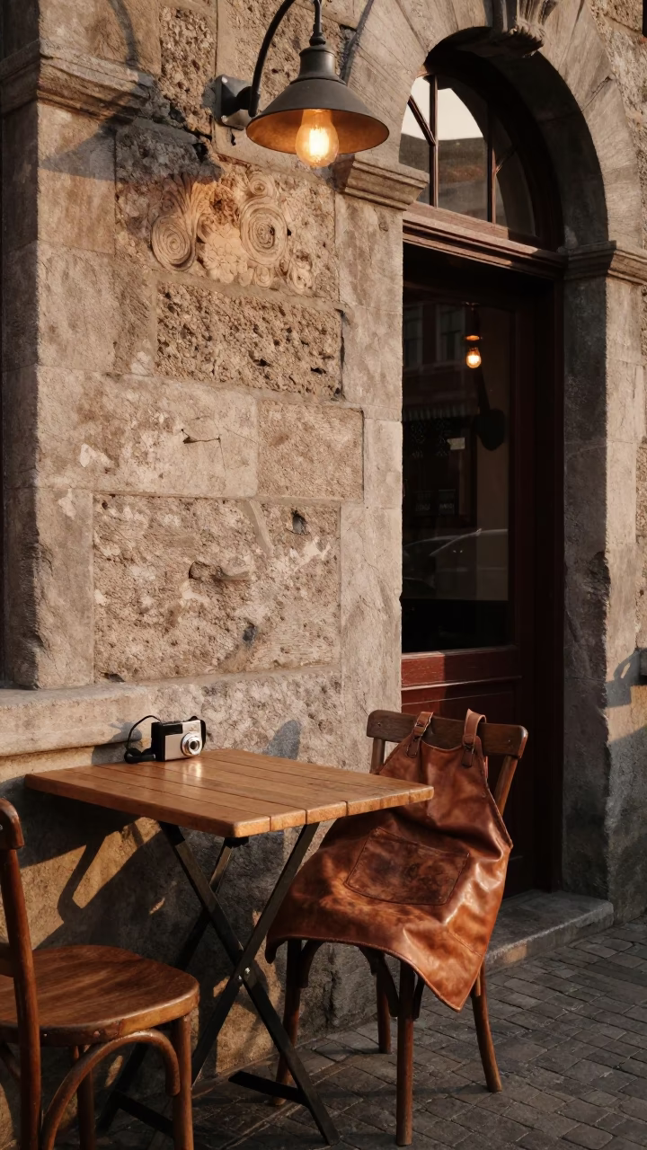 Vintage Brussels Café Terrace Honeyed Evening Light with Rustic Table Details in in Brussels, Belgium