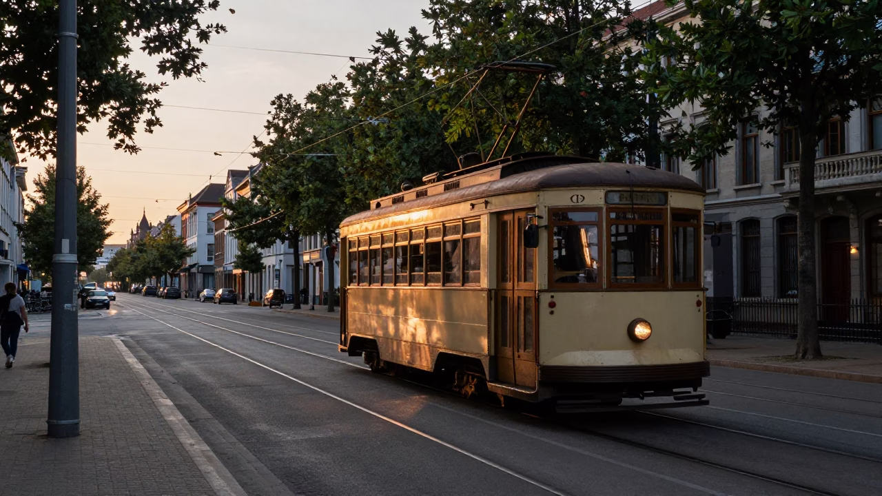 Vintage Brussels Street Scene at Dusk with Old Trolley and Tree Lined Avenue in in Brussels, Belgium