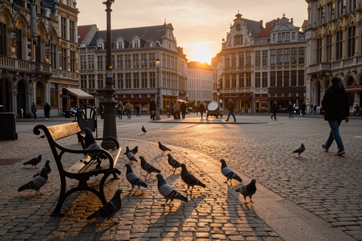 Vintage Brussels Street Scene at Dusk with Pigeons and Cobblestone Architecture in in Brussels, Belgium