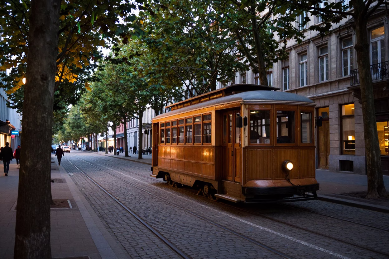 Vintage Brussels Street Scene with Old Trolley and Cobblestone Avenue at Early Evening in in Brussels, Belgium