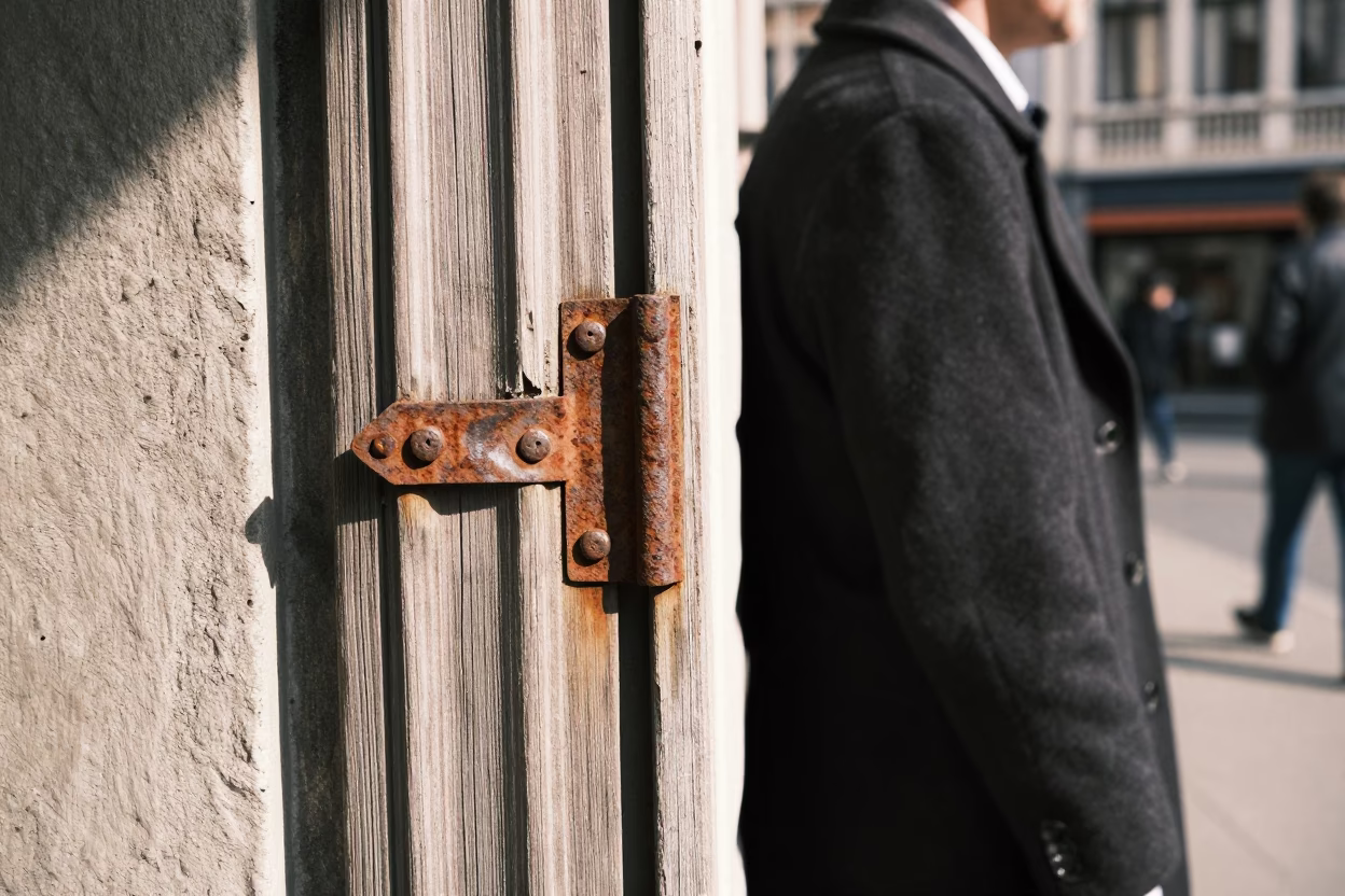 Vintage Brussels Street Scene with Rusty Hinge and Coat Brush in Bright Midmorning Light in in Brussels, Belgium