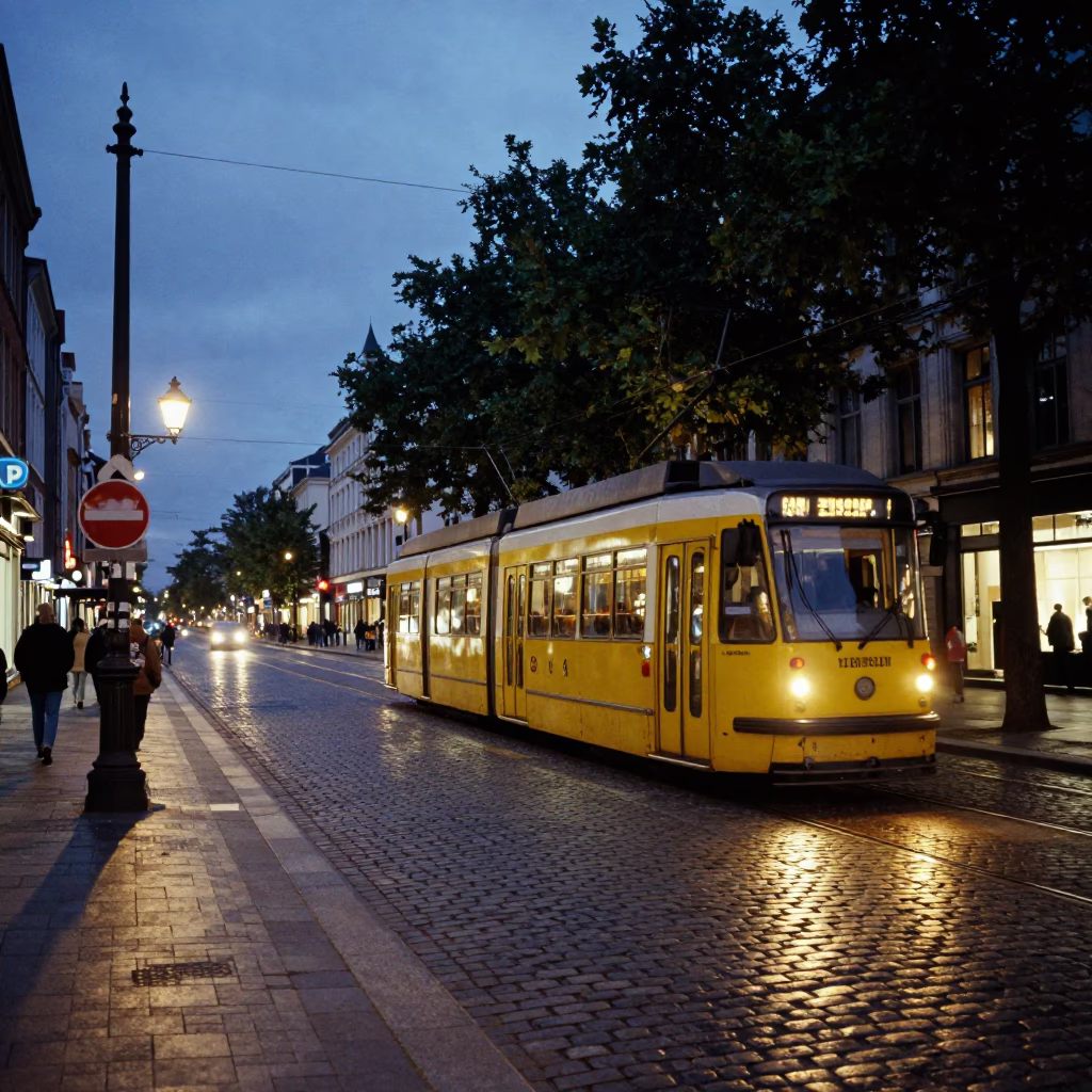 Vintage Brussels Tram and Cobblestone Street at Dusk with Local Cafe Activity in in Brussels, Belgium
