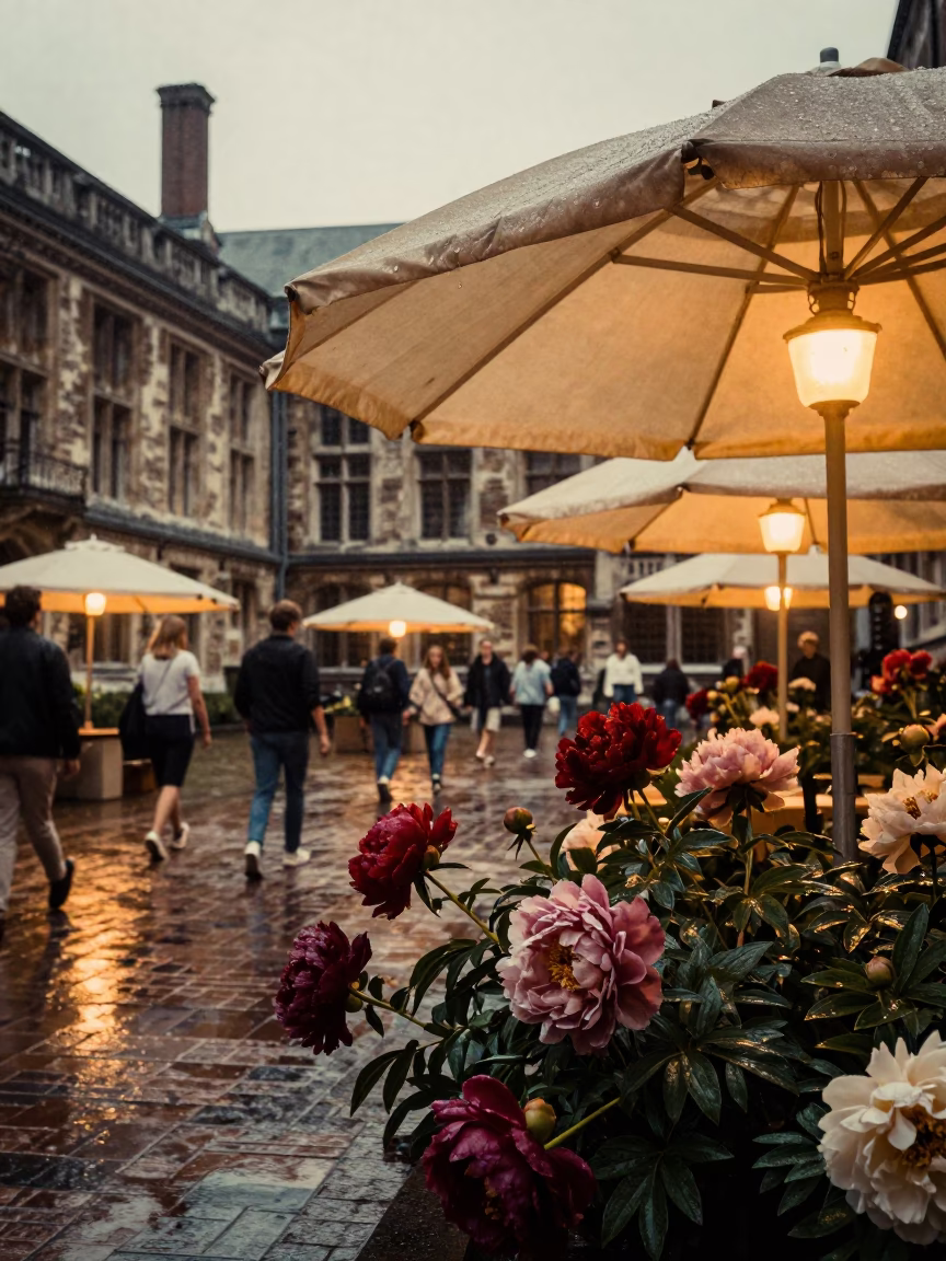 Vintage Brussels University Courtyard Umbrellas Evening Light in in Brussels, Belgium