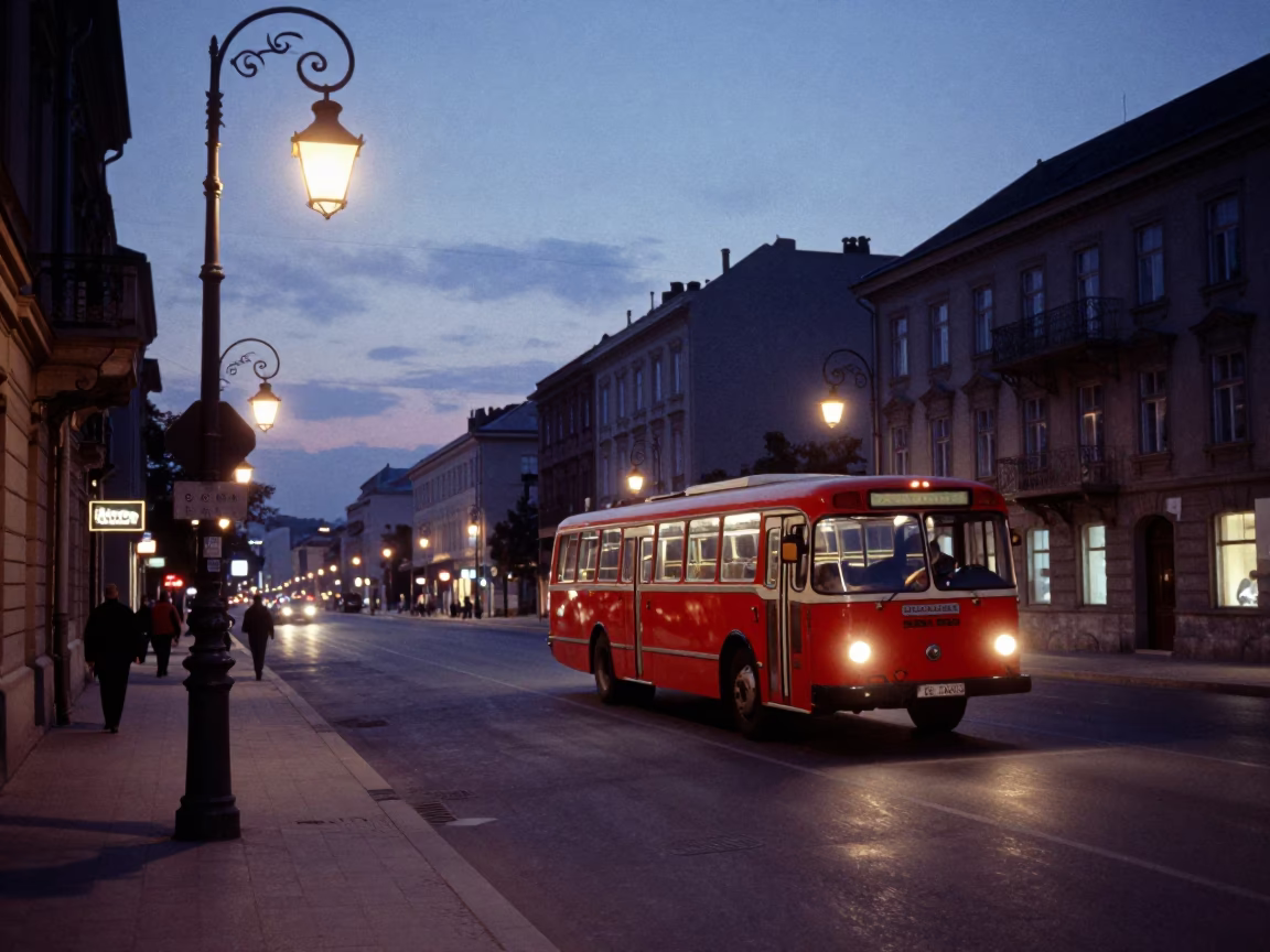Vintage Budapest Street Scene at Nautical Dawn with Classic Bus and Urban Details in in Budapest, Hungary